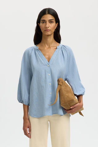 Selected Hemd Cleo-Alberta Linen Dusty Blue Stripes:Bright White