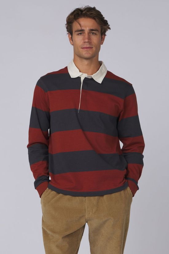 Patagonia Polo M'S L/S Rugby Wide Stripe: Rusty Red