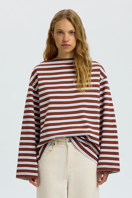 Selected T-Shirt Polly Boatneck Striped Cherry Mahogany Stipe