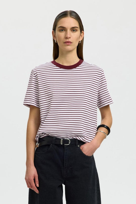 Selected T-Shirt Essential Stripedoxy Tawny Port Stripes:Bright White - Thin