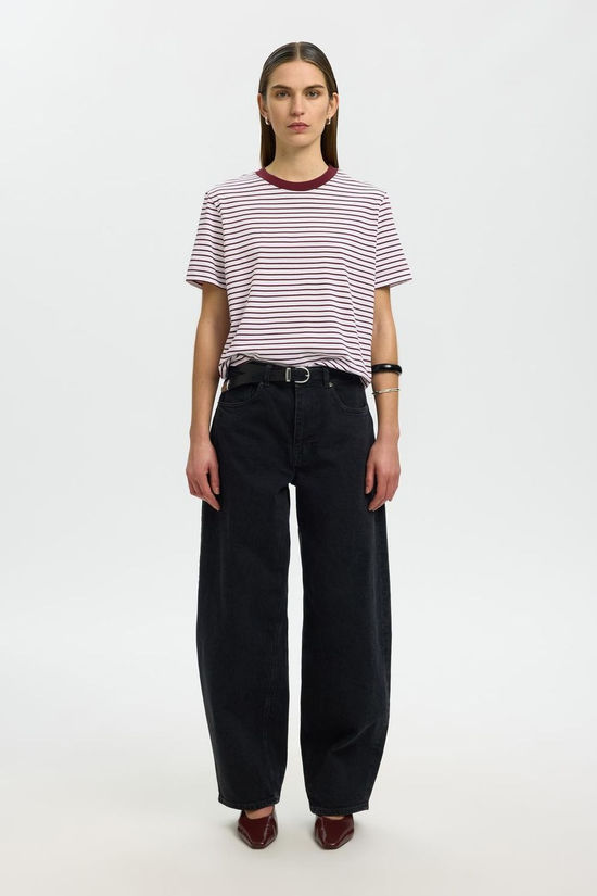 Selected T-Shirt Essential Stripedoxy Tawny Port Stripes:Bright White - Thin