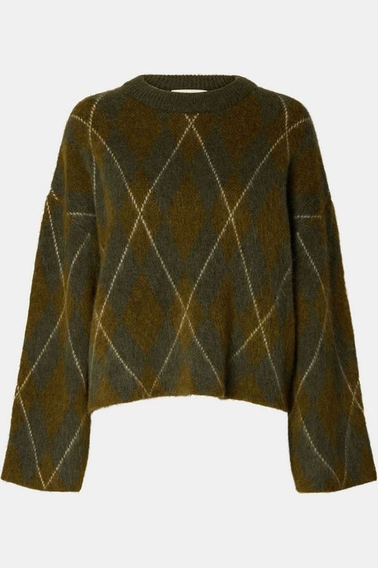 Selected Trui Lulu Brushed Argyle Kalamata Fir Green + Birch